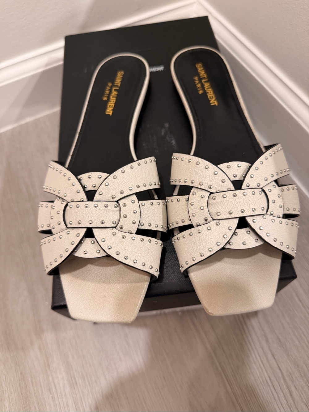 Saint Laurent Tribute Leather Mules  Sandals Off White Embellished Studded EU 38